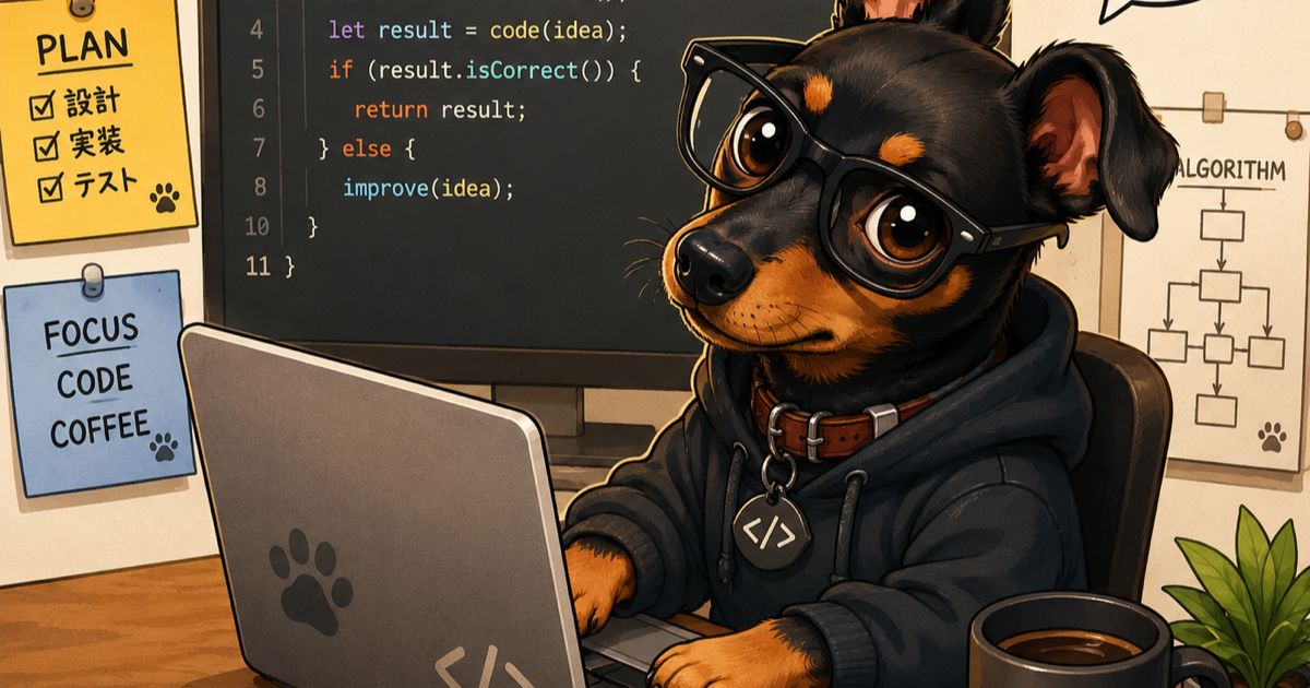 cilly mascot — a focused dog coding at a laptop surrounded by plan, build, and test notes